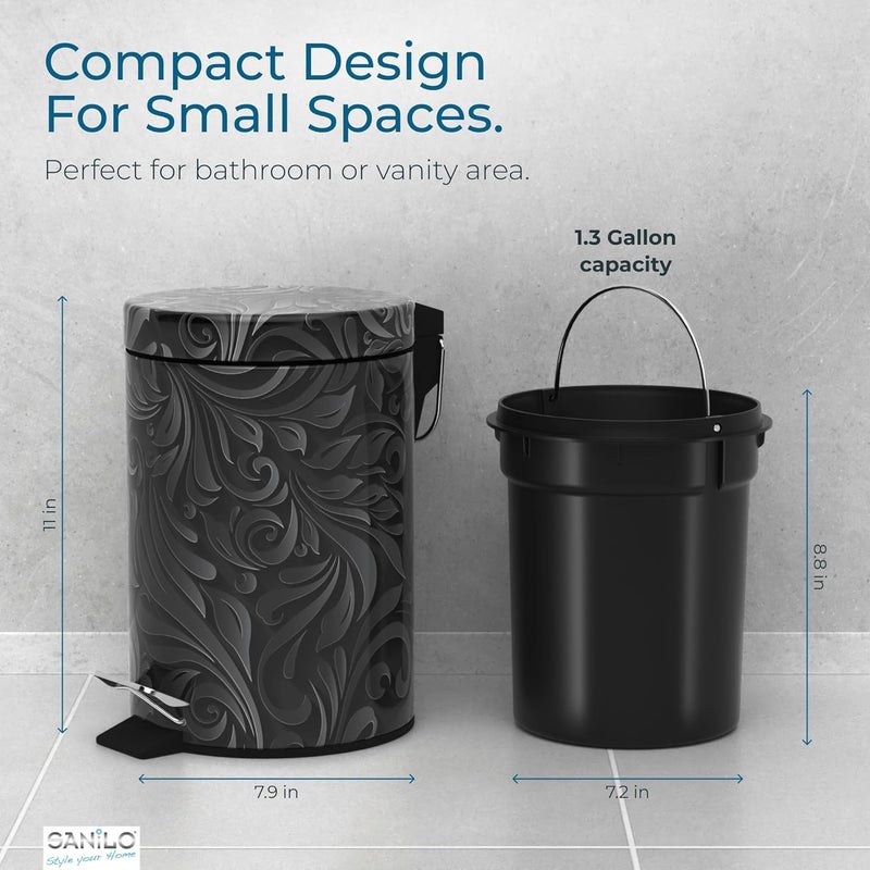 Sanilo Small Bathroom Trash Can with Lid [1.3 Gallon] - Lidded Tiny Trashcan for Garbage - Mini Metal Bin with Soft Closing Mechanism - Bath Room Accessoire Wastebin with Inner Bucket (Floral) - Image 5